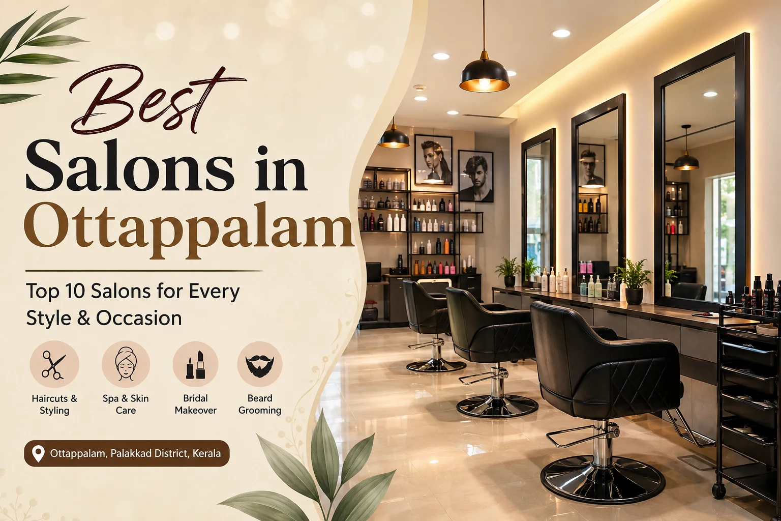Modern salon interior representing the best salons in Ottappalam, featuring professional styling chairs, mirrors, premium haircare products, and elegant décor with text highlighting top hair, beauty, spa, bridal makeover, and grooming services.