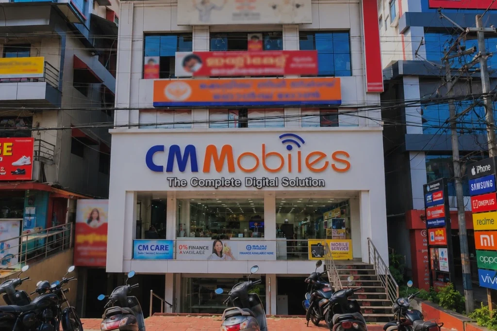 CM Mobiles showroom in Ottapalam displaying smartphones, mobile accessories, repair services, and digital gadgets.