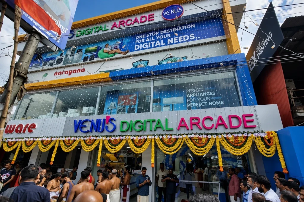 Venu's Digital Arcade electronics showroom in Ottapalam during its grand opening, offering home appliances, TVs, air conditioners, and consumer electronics.