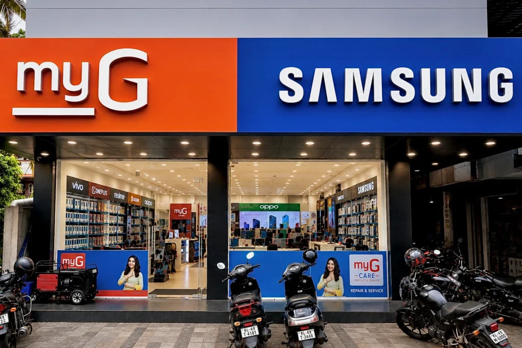 Front view of a myG electronics store with Samsung branding, displaying smartphones and mobile accessories from brands like Samsung, Vivo, Oppo, Realme, OnePlus, and Xiaomi.