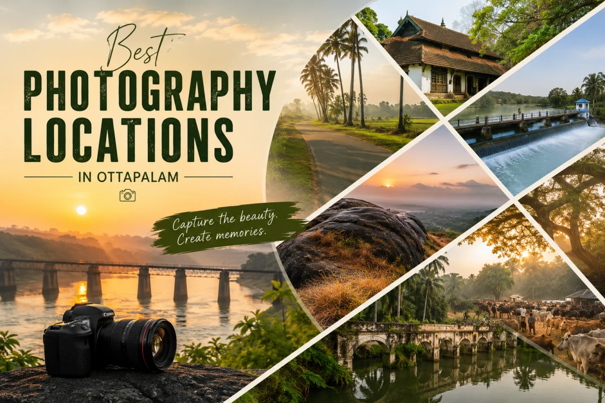 Featured image showcasing the best photography locations in Ottapalam, including scenic rivers, heritage mansions, village roads, hills, and lush landscapes in Kerala.