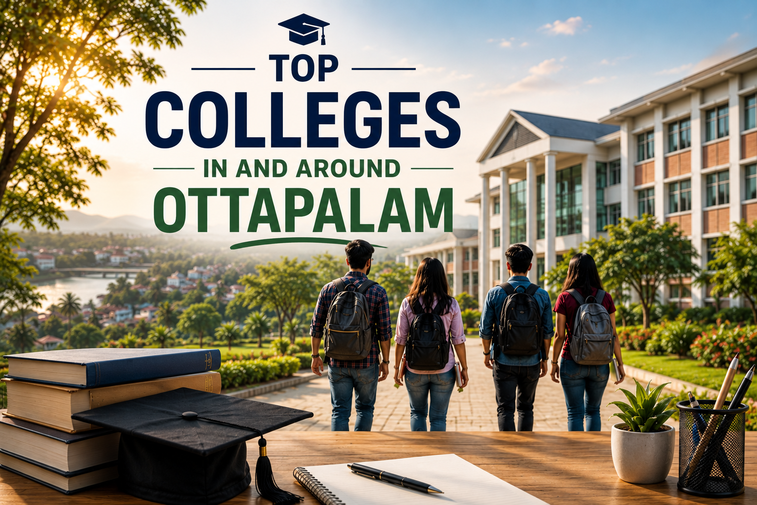 Top colleges in and around Ottapalam with students walking toward a modern college campus surrounded by greenery.